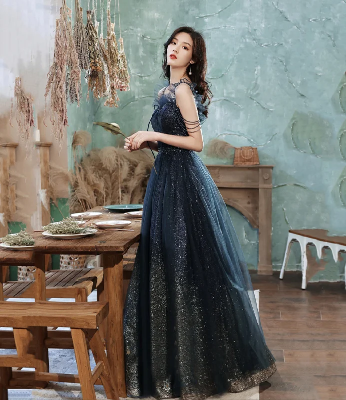 Blue tulle sequins long prom dress blue evening dress  10253