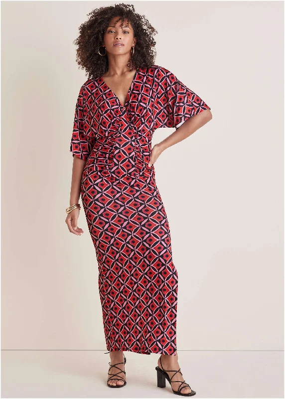 women's curve-hugging dressesDrape Sleeve Maxi Dress - Red Lagoon Geo