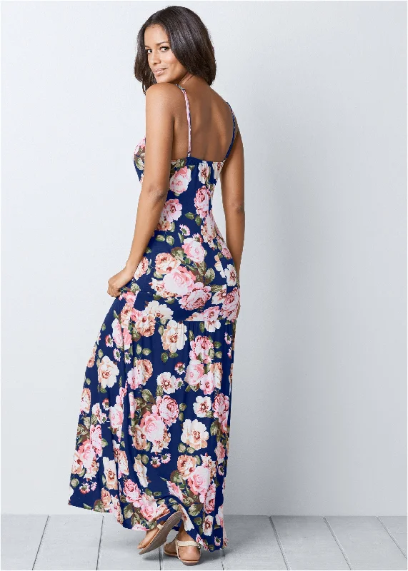 women's floral dressesButton-Front Maxi Dress - Navy Multi