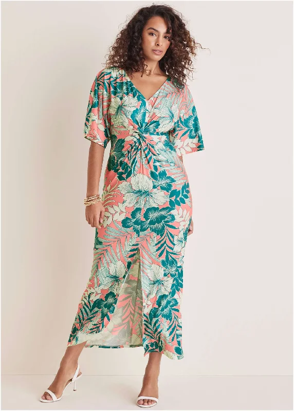 women's bell-sleeved dressesTwist Front Maxi Dress - Tropicana Peach Floral