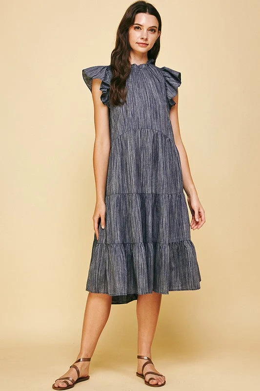 women's ethical fashion dressesPenelope Tiered Denim Stripe Midi Dress