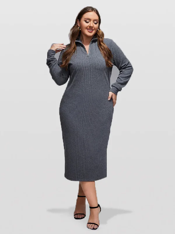 Body-Hugging DressPlus Grey Band Collar Zipper Split Midi Knit Dress