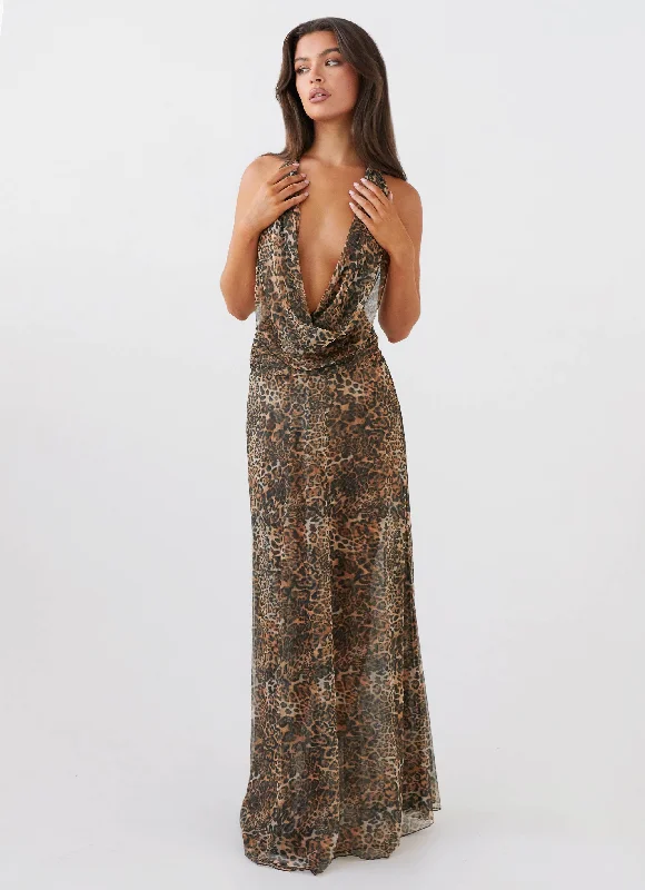 women's bell-sleeved dressesElysia Mesh Maxi Dress - Leopard