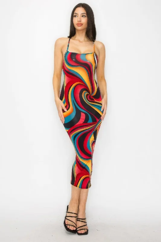 Laced DressCrossed Back Marble Print Multicolor Midi Dress