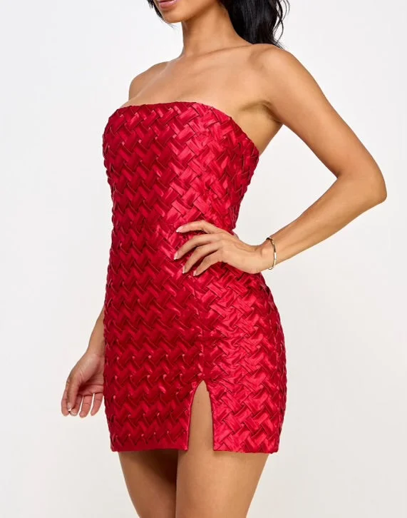 Laced DressRed Satin Thick Woven Mini Dress- Stretchy,Estira