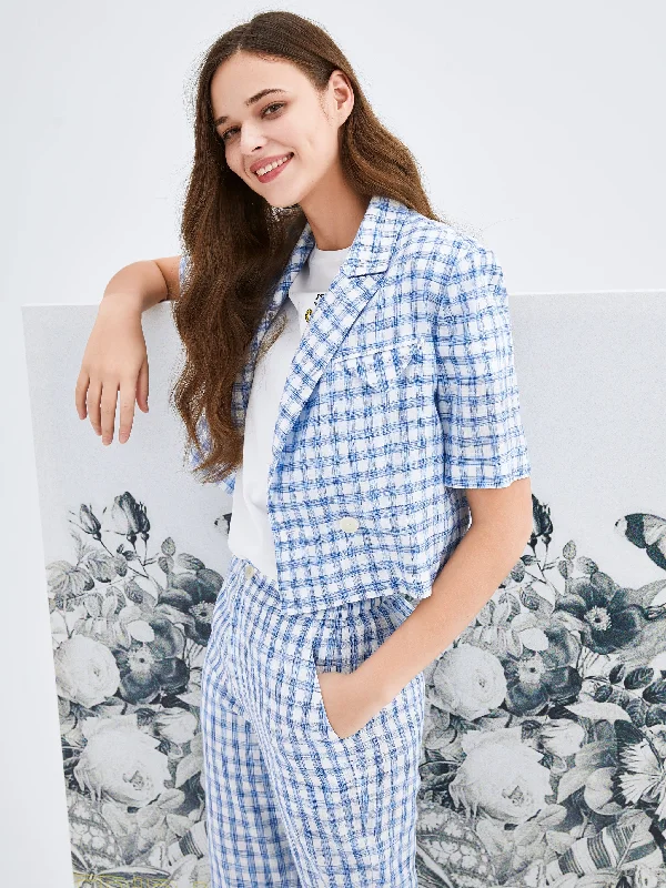 Blue Plaid Cropped Blazer