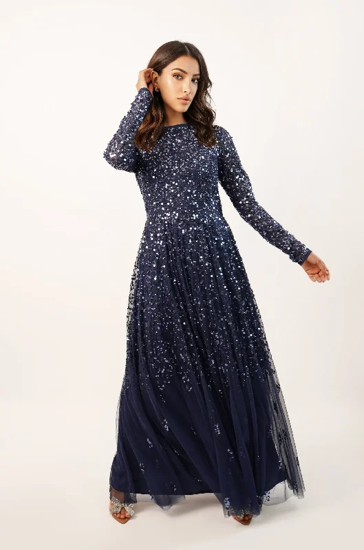 Wedding DressSila Long Sleeve Embellished Maxi Dress in Dark Blue