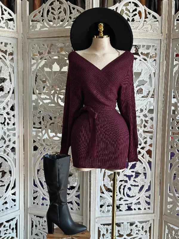 Designer DressDark Burgundy Wrapped Sweater Mini Dress- Stretchy,Estira