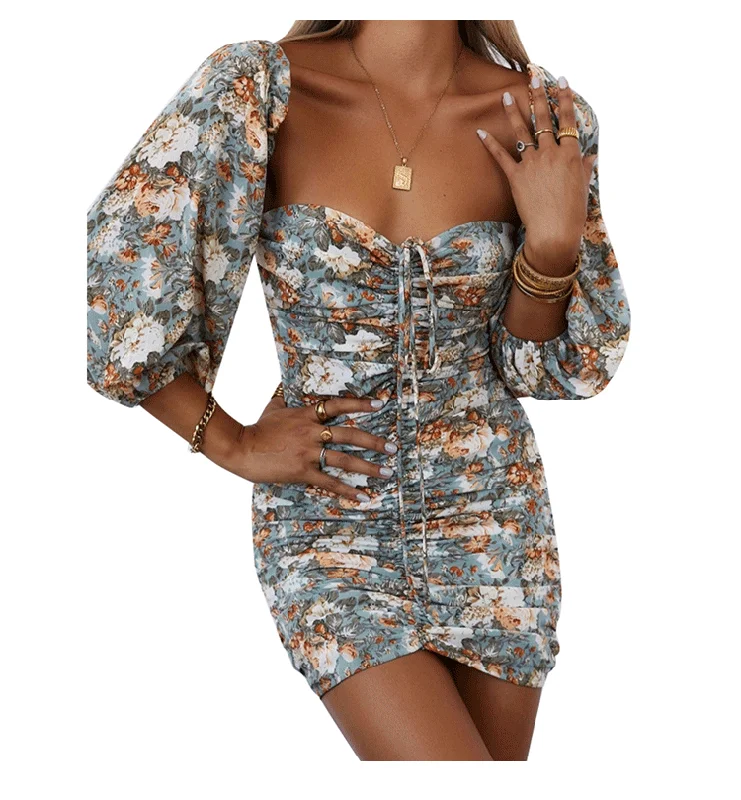 women's unique dressesPrecious Poppies Ruched Bell Sleeve Mini Dress - Blue