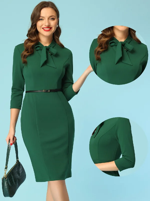 women's body-skimming dressesFront Tie Neck 3/4 Sleeve Work Bodycon Sheath Dress