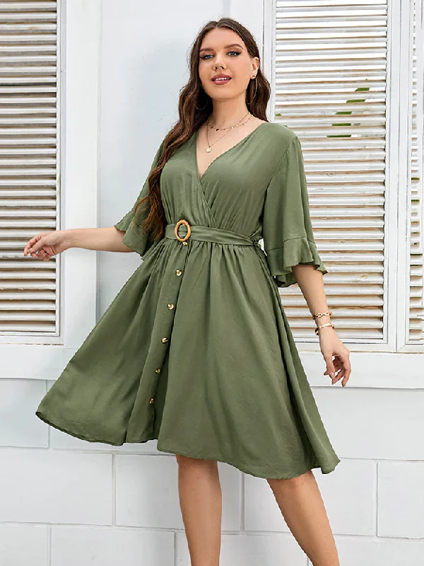 women's limited-edition dressesPlus Green Button Tie Back Wrap Ruffle Sleeve Midi Dress