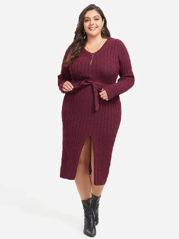 Nursing DressCable Knit Belted Split  Midi Sweater Dress