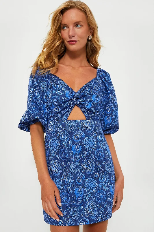 women's flutter-sleeved dressesBlue Mod Paisley Bianca Mini Dress