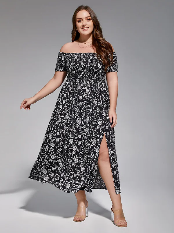 women's high-low dressesPlus Floral Off-Shoulder Split Midi Dress