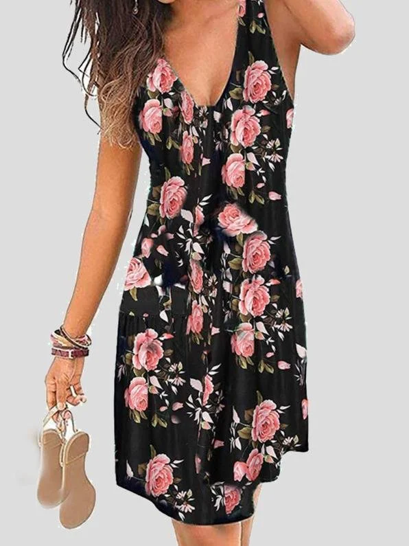 Tea-Length DressV-neck Sleeveless Print Mini Dress