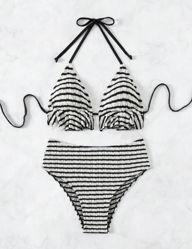 Bikini Female SwimwearB/W Stripe Textured Frill Triangle Bikini Set