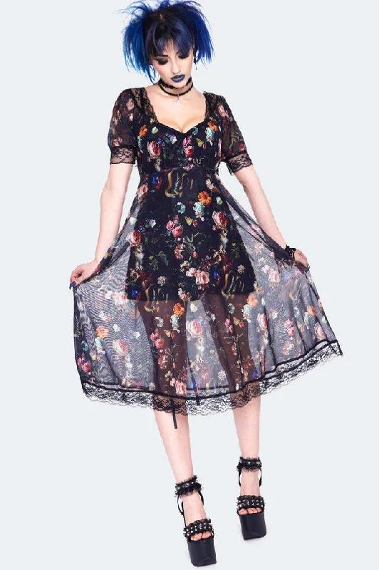 Body-Hugging DressNight Garden Print Midi Dress With Lace