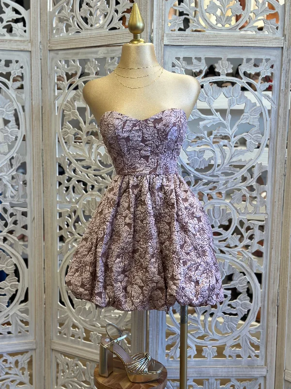 Evening DressStrapless Floral Pattern Mini Puff Dress- Not Stretchy