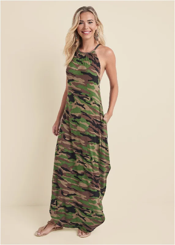 women's trendy dressesTie Neck Maxi Dress - Olive Multi