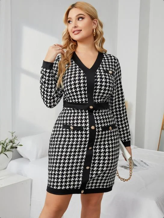 women's designer dressesKittenAlarm - Plus Houndstooth Fake Button Bodycon Dress