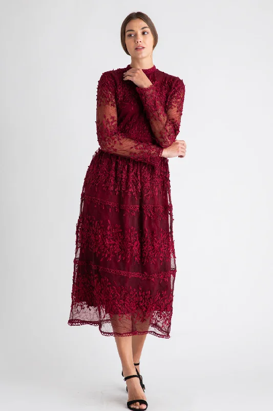 women's checkered dressesNoel Midi Lace Dress in Cranberry