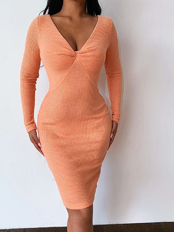 women's retro dressesKittenAlarm - Women Deep V Neck Long Sleeve Bodycon Dress