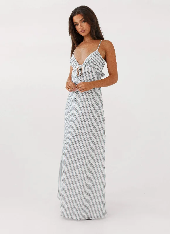 women's vacation dressesFlora Linen Maxi Dress - Blue Choc Stripe