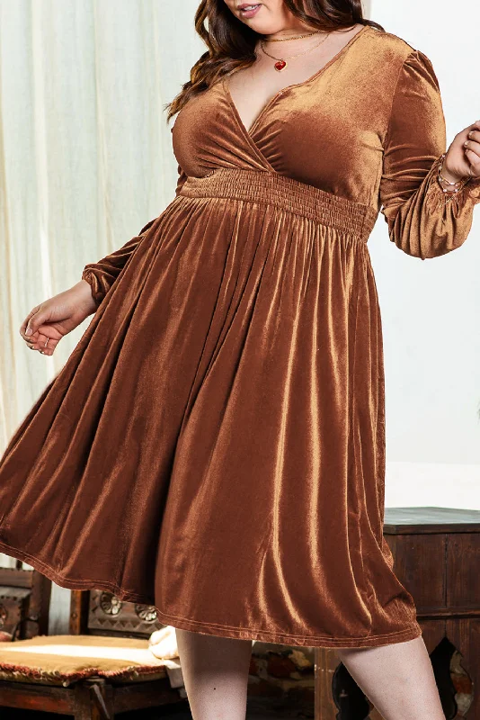 Knit DressCamel Surplice Velvet V Neck Balloon Sleeve Midi Dress