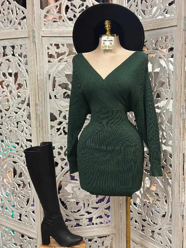 Silk DressForest Green Wrapped Sweater Mini Dress- Stretchy,Estira