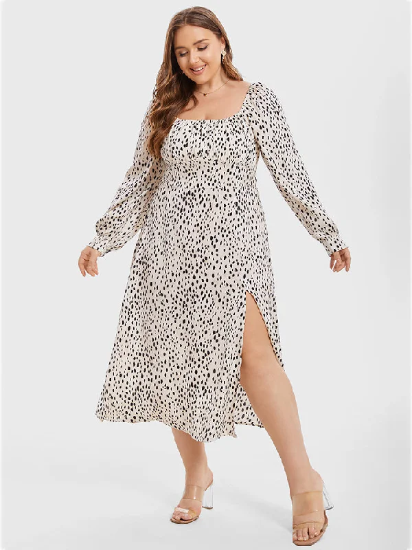 Cocktail DressLeopard Print Square Neck Split Thigh Midi Dress