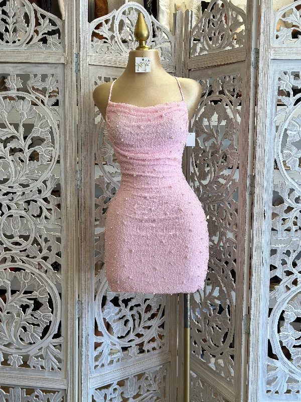 Casual Chic DressCotton Pink Mini Embellished Dress- Stretchy