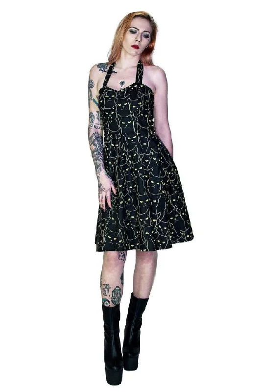 Peplum Hem DressYellow Evil Cats Black Midi Dress - Katz