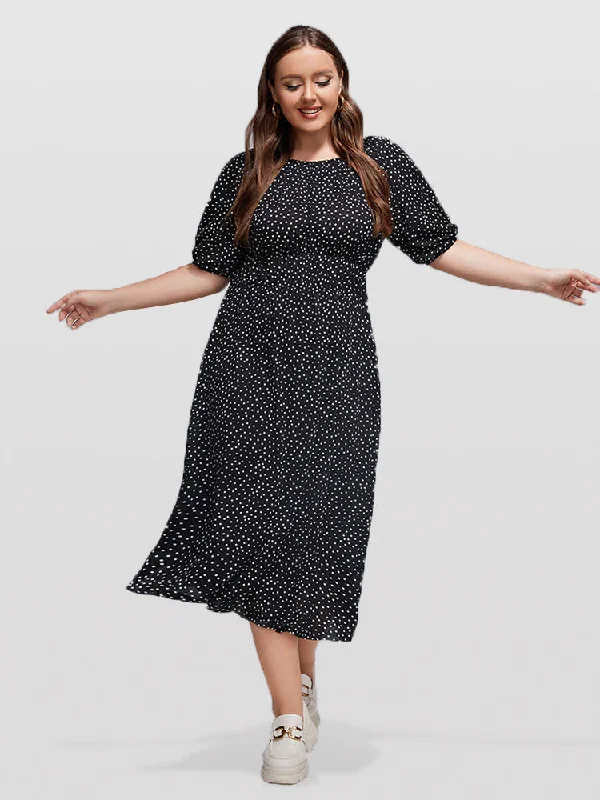 A-Line DressPlus Polka Dot Round Neck Puff Sleeve Midi Dress