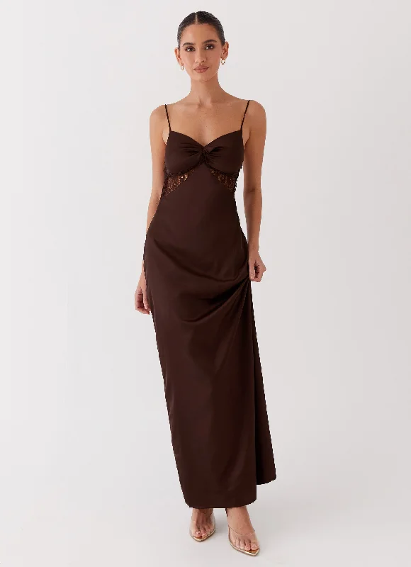 women's satin dressesDream Sight Lace Satin Maxi Dress - Chocolate