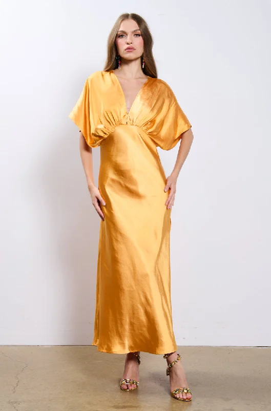 women's flutter-sleeved dressesMAD IN LOVE SATIN MAXI DRESS