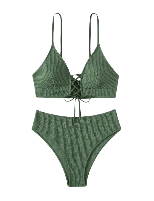 Trendy Female SwimwearOlive Ribbed Lace Up Front Bikini Set