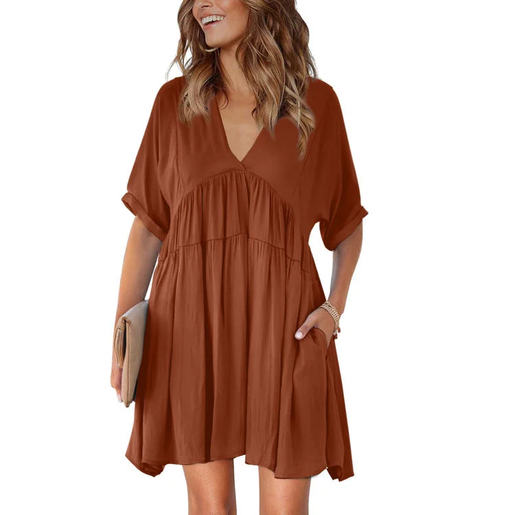 women's casual dressesKarsan Pocketed Plunge Mini Dress - Dusty Peach