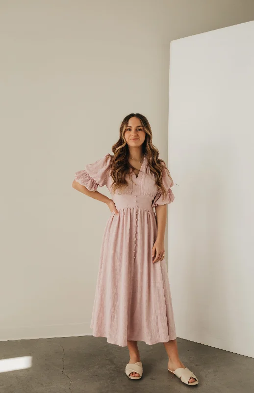 Ribbon DressRose Bubble Sleeve Midi Dress in Blush