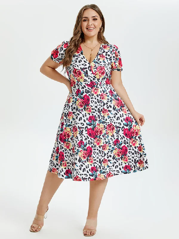 women's cinched-waist dressesFloral & Leopard Print V-Neck Puff Sleeve Elastic Waist Midi Dress