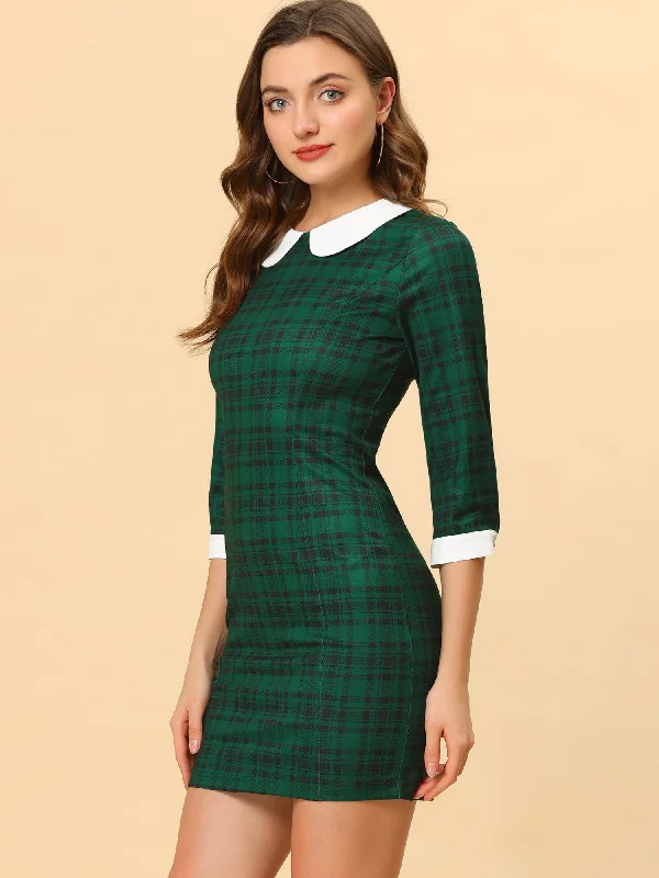 Velvet DressContrast Peter Pan Collar Keyhole Back Plaid Bodycon Dress