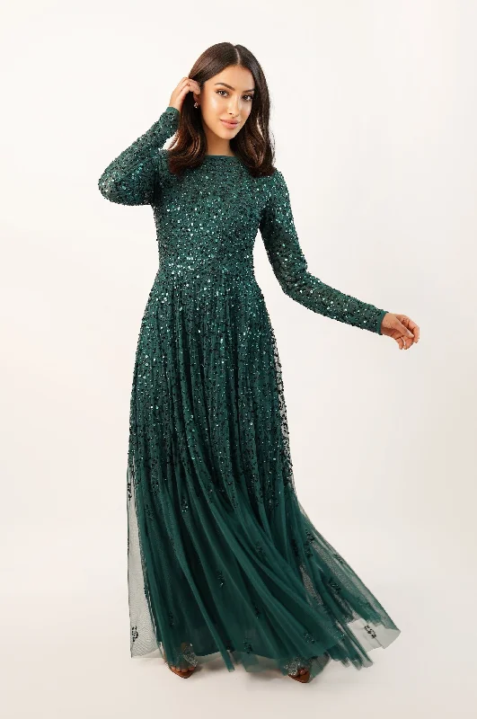 women's trendy dressesSila Long Sleeve Embellished Maxi Dress in Emerald Green