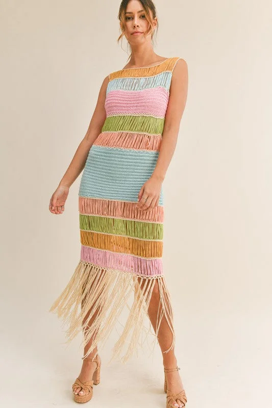 Cold-Shoulder DressTake Me Away Multicolor Crochet Fringe Midi Dress