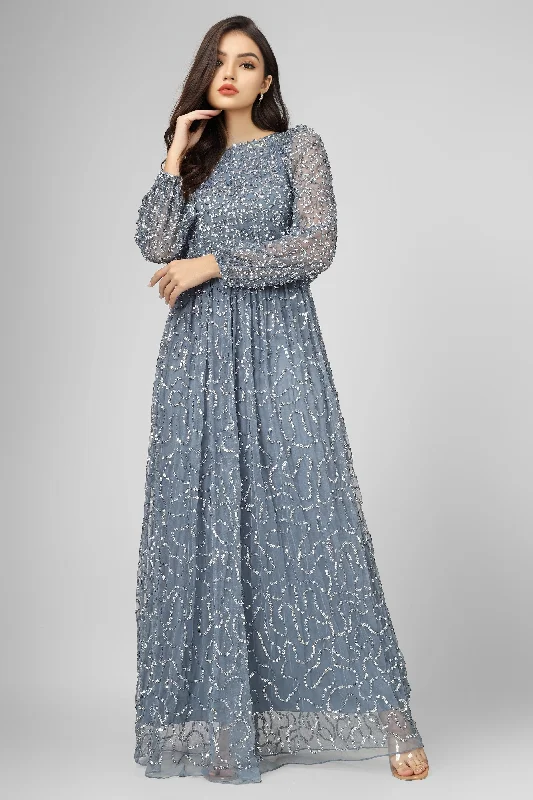 women's stretchy dressesMelissa Long Sleeve Embellished Maxi Dress in Blue