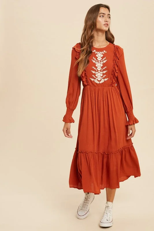 Minimalist DressMariah Embroidered Midi Dress in Brick