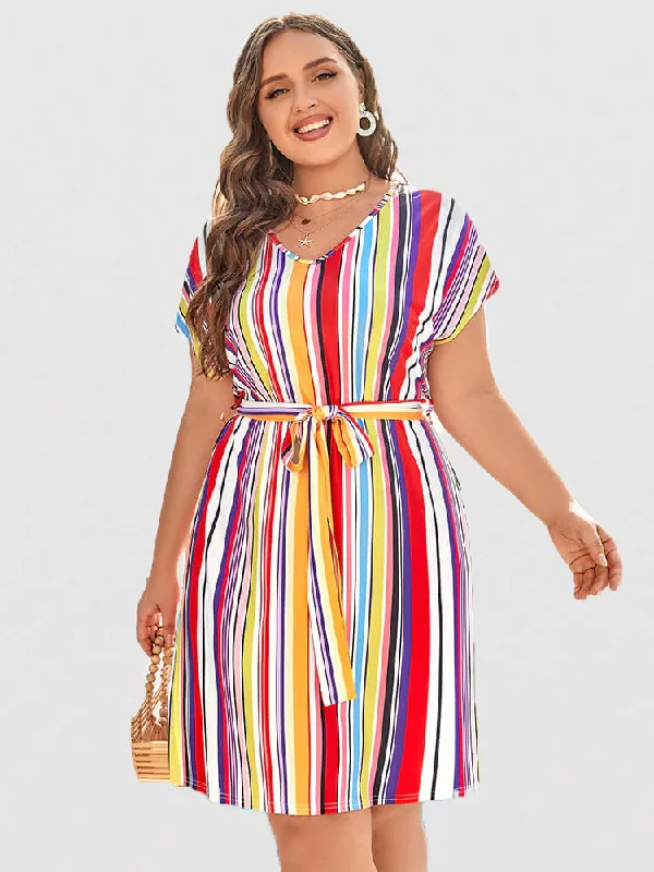 Jersey DressPlus Colorblock Striped Tie Dolman Sleeve Midi Dress