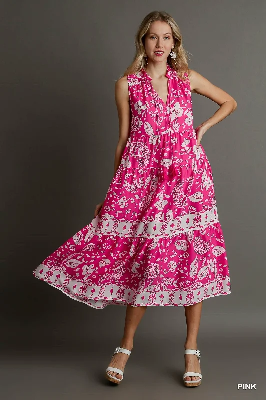 A-Line DressTwo Tone Floral Paisley Sleeveless Midi Dress