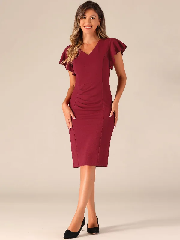 women's tall dressesRuffle Sleeve Solid V Neck Ruched Front Elegant Bodycon Dress