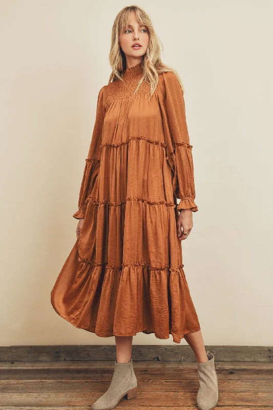 women's vacation dressesPenelope Smocked Midi Dress in Rust