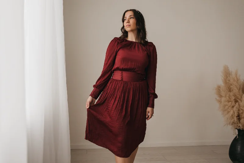 Zipper DressPenelope Satin Midi Dress in Burgundy