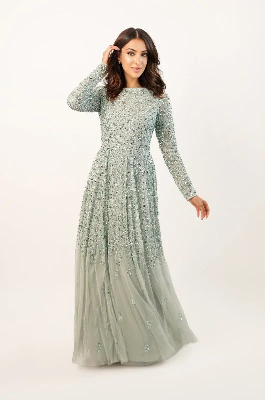 Empire DressSila Long Sleeve Embellished Maxi Dress in Sage Green